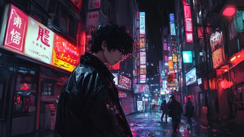 Solitary figure in neon lit urban alley at night. Period.