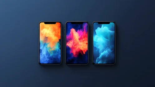 Colorful smartphone trio glowing with vibrant digital clouds.