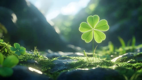 Multi-leaf clover in backlit forest floor close-up view.