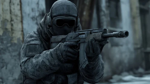 Frosted urban commando steadies aim in a ruined corridor