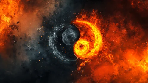 Yin-yang symbol with celestial bodies in contrasting thermal environments.