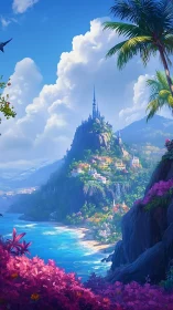 Fantasy Castle on Cliff Edge with Tropical Landscape.