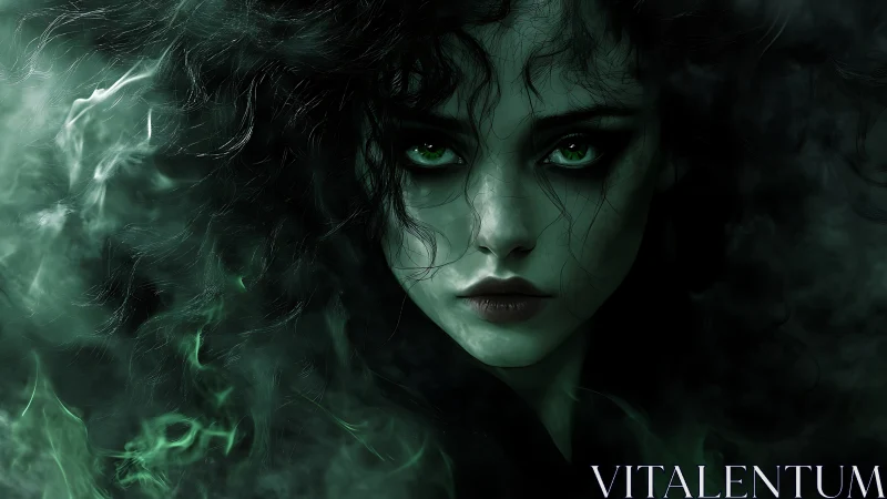 Nocturnal sorceress portrait in emerald mist and chiaroscuro