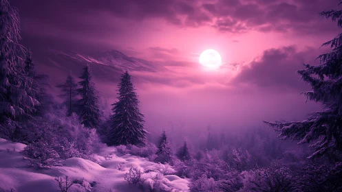 Winter conifer forest under magenta moonlit fog layer.