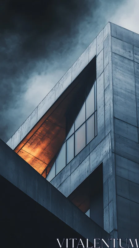 Concrete facade glows through angular window at dusk.