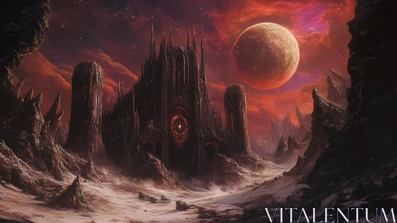 Alien citadel on crimson world under looming planet.