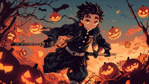 Sword-wielding hero dashes through swirling Halloween dusk.