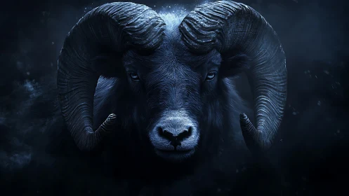 Low-key blue portrait of horned ram with dramatic rim lighting