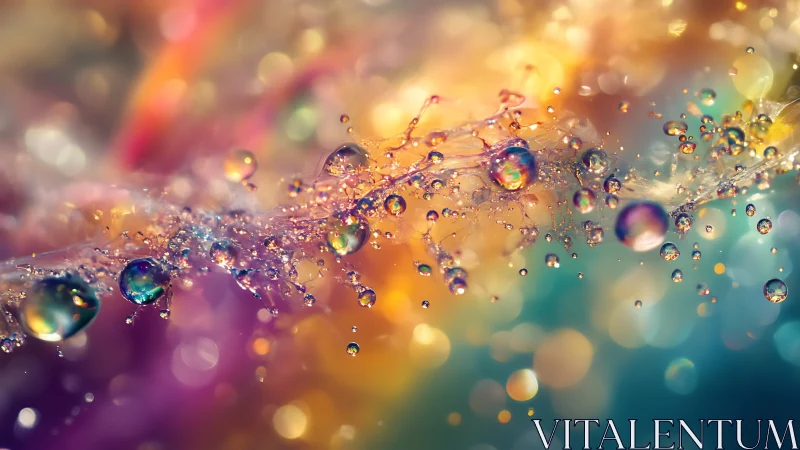 Iridescent droplets drift through a dreamy prismatic haze