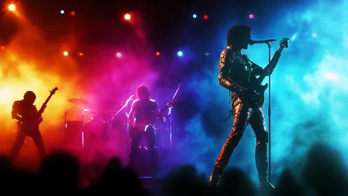 Glimmering rock band ignites the stage in colorful lights.