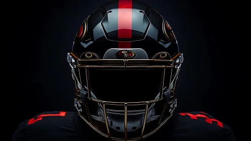 Bold black football helmet shines with sleek red accents