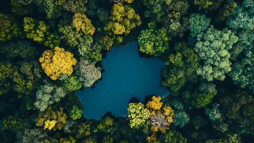 Aerial Drone Imagery: Dense Forest Canopy with Central Freshwater Lake