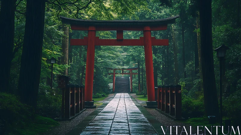 Red Torii Gate in Forest Pathway.