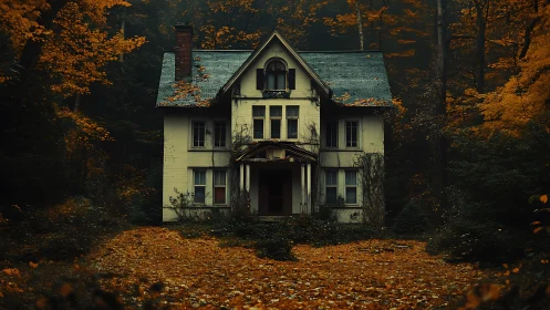 Quiet autumn manor wrapped in golden woodland mystery.