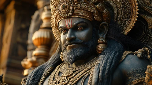 Regal stone deity crowned in molten gold and quiet fire.