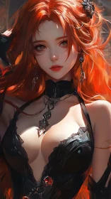 Flame-haired anime sorceress rendered in glossy digital chiaroscuro