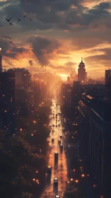 Sunlit city avenue glows through stormy golden dusk.