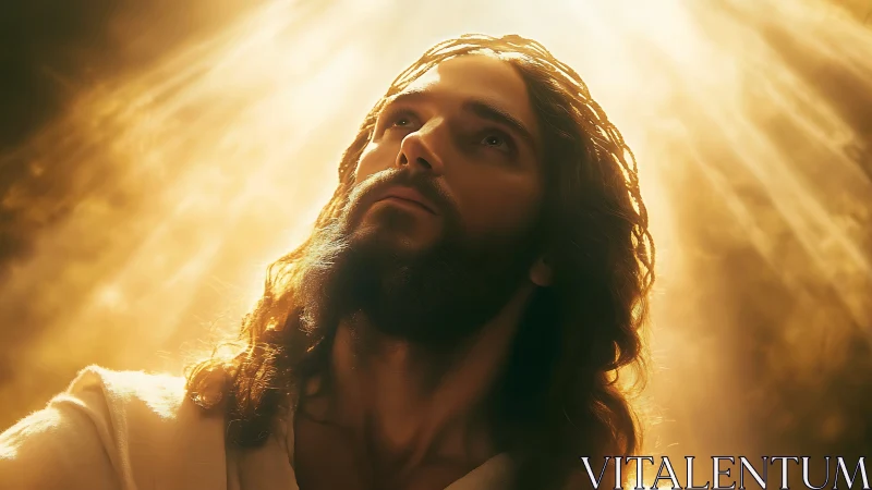 Radiant holy figure bathed in cascading golden heavenlight.