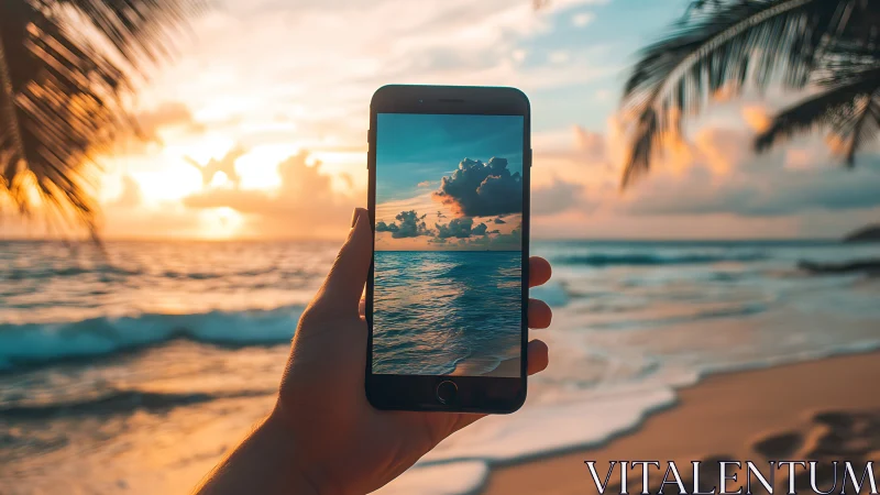 Hand holds smartphone framing coastal sunset seascape precisely