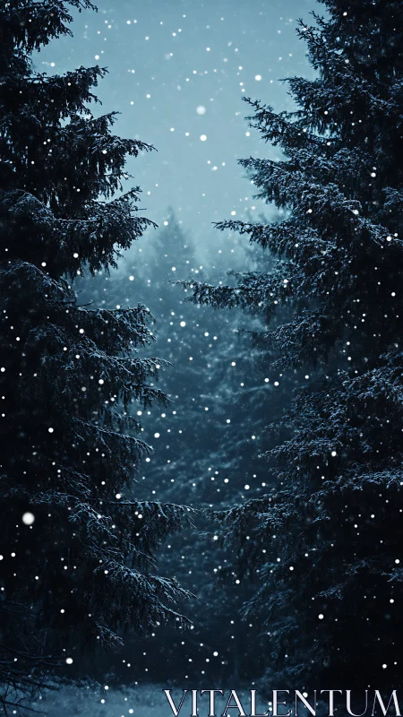 Snowfall over dense conifer forest in low blue light.