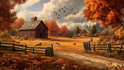 Autumn barn landscape under warm cinematic sunset light.