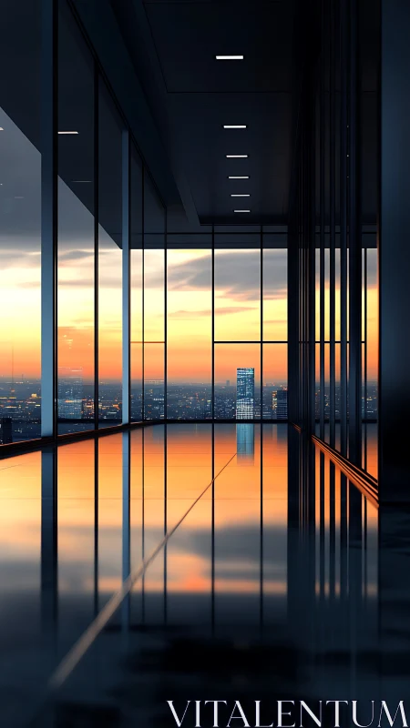 High-rise corridor with sunset cityscape reflection