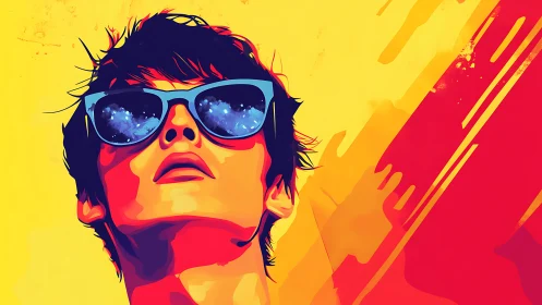 Vibrant vector portrait with cosmic sunglasses highlights youth.
