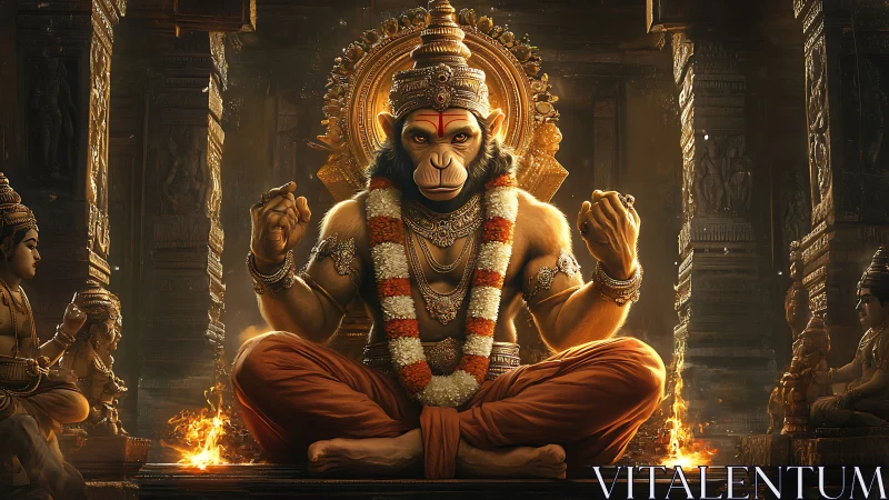 Simian deity in luminous temple mandala, ritual fire-lit focus.