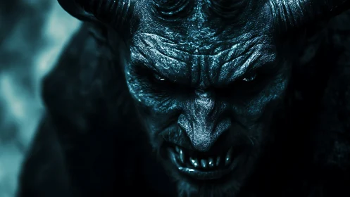 Demonic horned creature snarls under cold dramatic lighting
