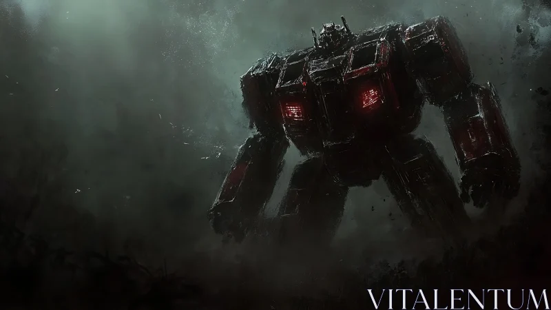 Colossal battle robot strides through smoky twilight ruins