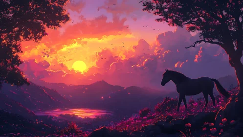 Silhouetted horse overlooks radiant sunset valley lake