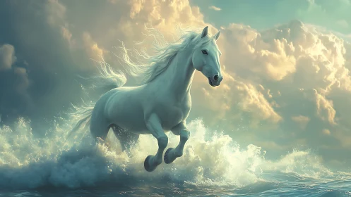 Celestial surf-runner horse charging through cloudlit waves.