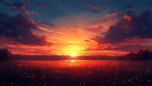 Golden sunset over a quiet field of glowing wildflowers.