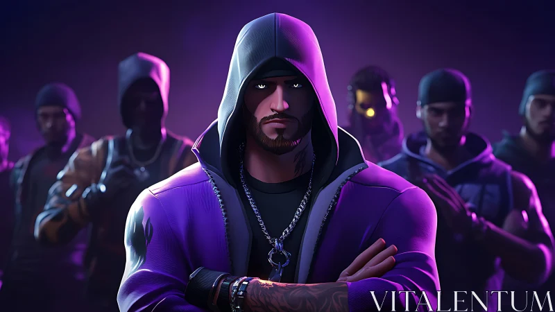Hooded gang leader stands defiant in neon-lit purple glow
