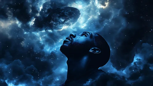 Cosmic-profile portrait in deep blue celestial nebulae.
