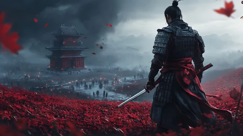 Samurai overlooking red field and distant fortified temple.