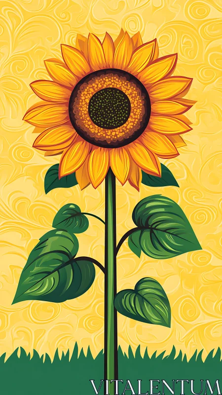 Sunflower illustration shows stylized bloom on tall green stem