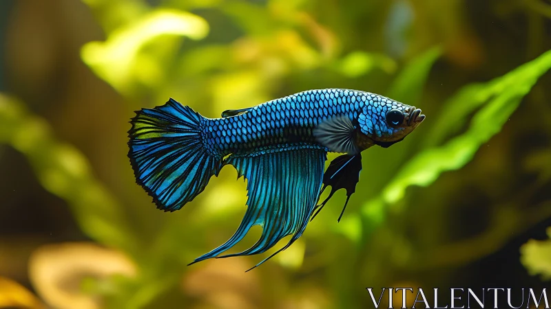 Blue betta fish glides through lush, softly lit aquarium waters