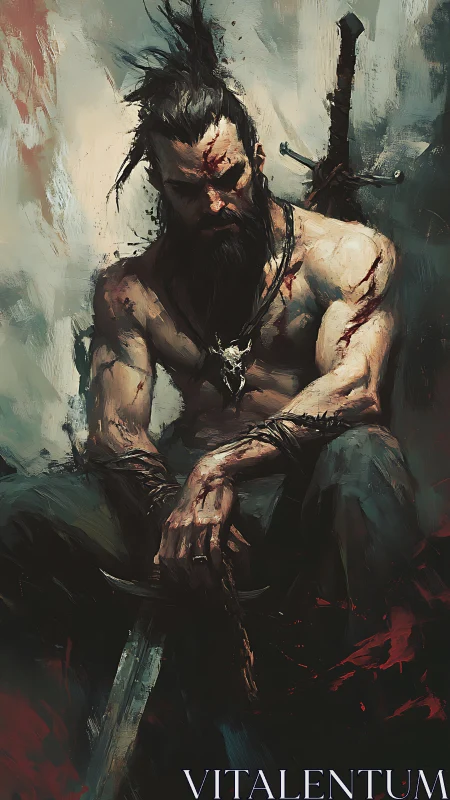 Wounded warrior resting with sword in moody battle scene.