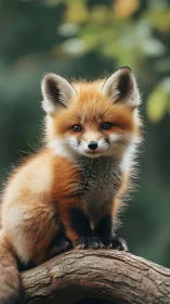 Juvenile red fox portrait perched on textured woodland branch