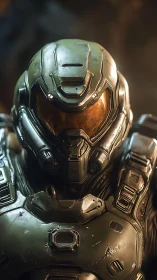 Armored sci fi soldier stands ready in molten amber light