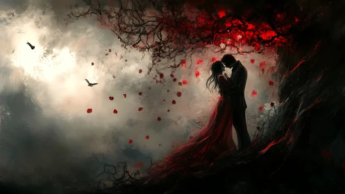 Two souls embrace beneath crimson petals and twisted vines.