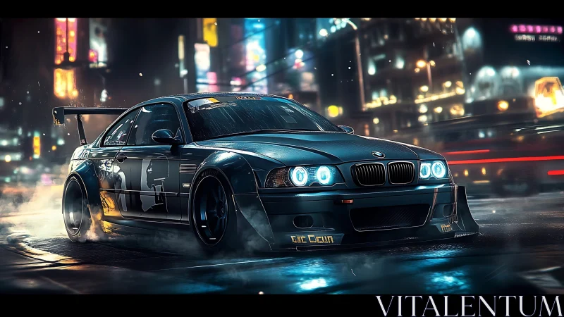 Tuned BMW street racer drifts through neon city at night