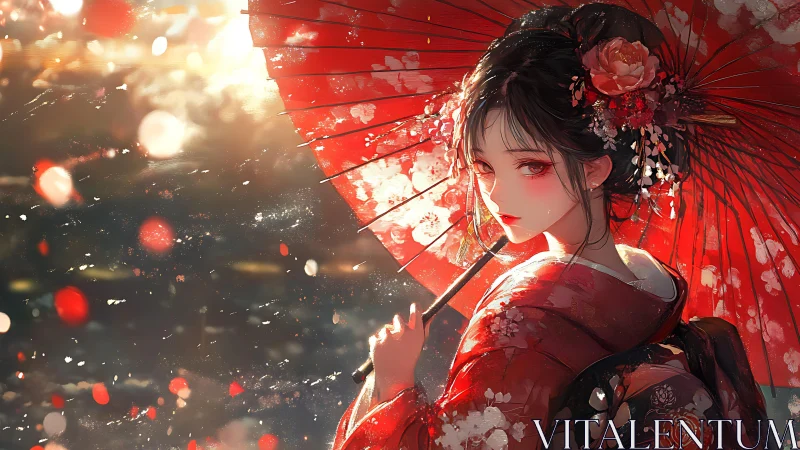 Kimono-clad woman with red parasol in soft evening light.