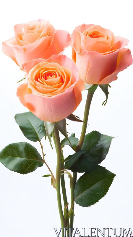 Three Peach-Colored Roses with Green Stems and Foliage