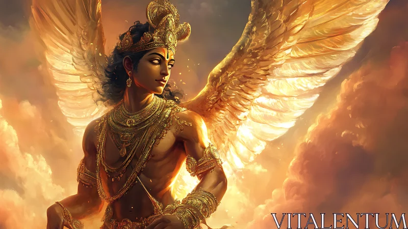 Winged golden figure stands in radiant, cloud filled sky