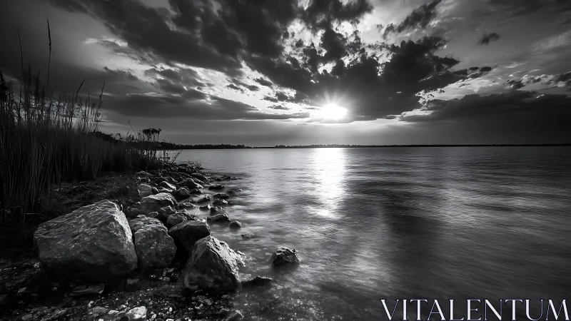 Monochrome sunset over rocky lakeshore radiates calm light