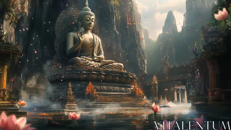 Colossal seated Buddha amid misty temple lagoon and cliffs