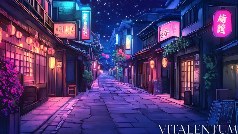 Neon lantern lane under starlit night sky in old town.