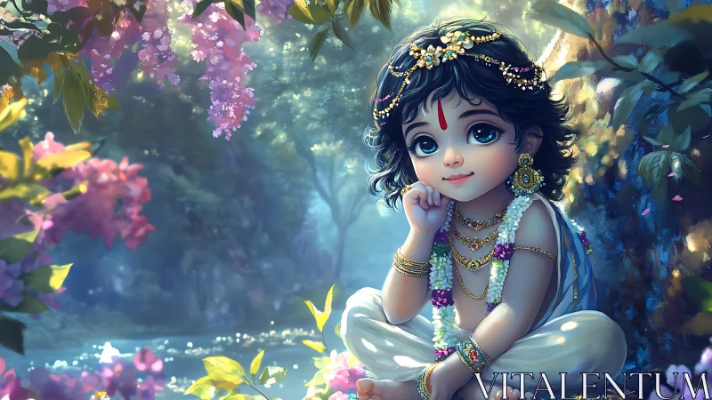 Child deity portrait sits in lush forest beside glowing water